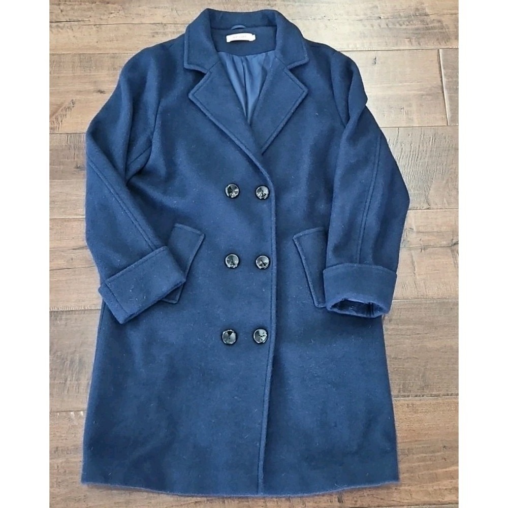 aptro wool coat  size Women's Large Navy Button Down Trench Jacket Wool